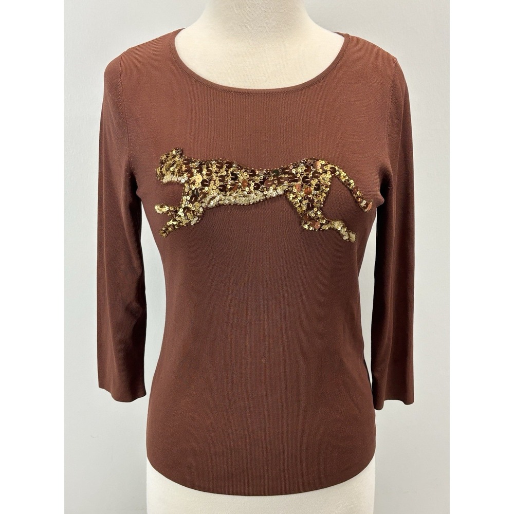 Vtg Robbie Lee Knitworks Beaded Sweater Medium Cheetah Beaded Sequin Stretch 90s